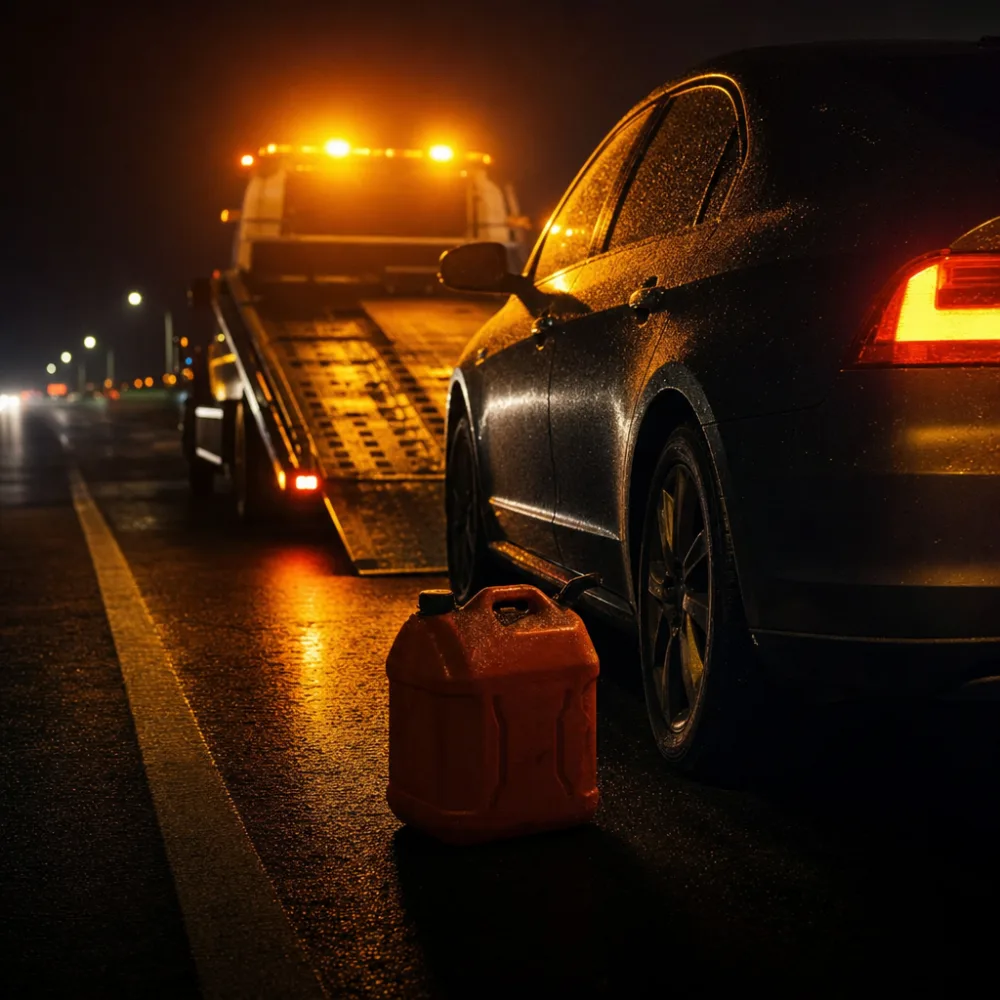 Fuel can staged beside a car at night