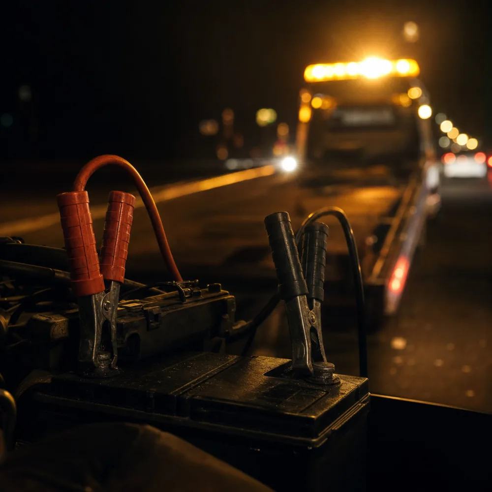 Jumper cables connected to a car battery at night