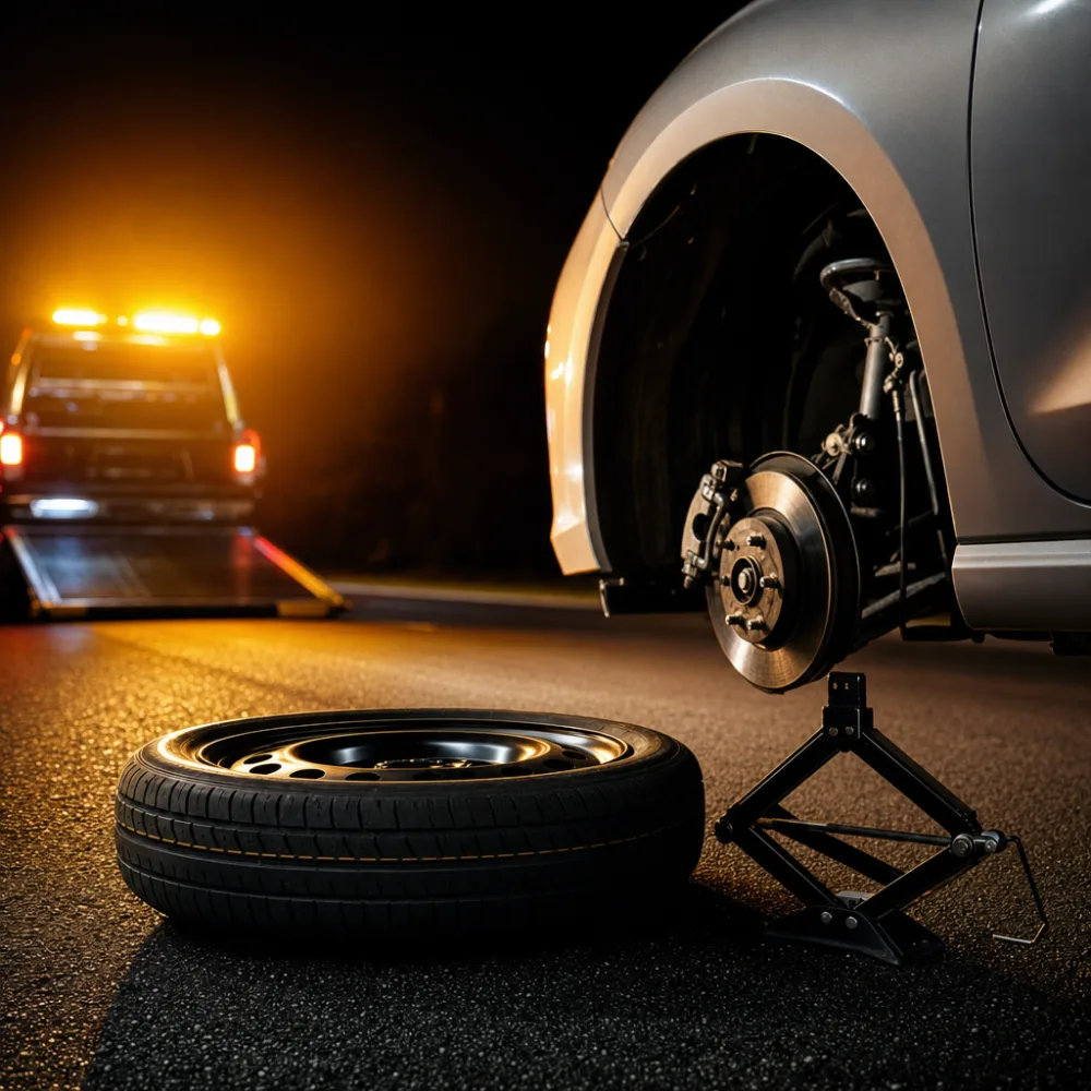 Spare tire and jack staged beside a vehicle